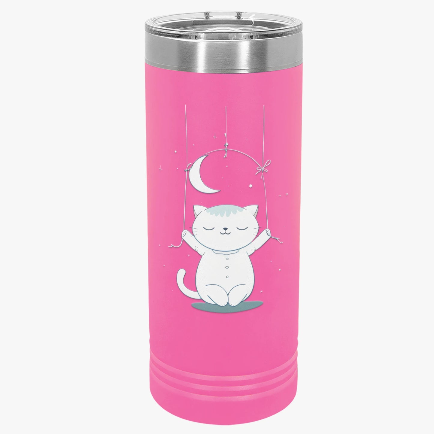 Moonlight Meow Skinny Tumbler, 22oz - Cute Cartoon Cat Hanging from Moon Design Tumbler