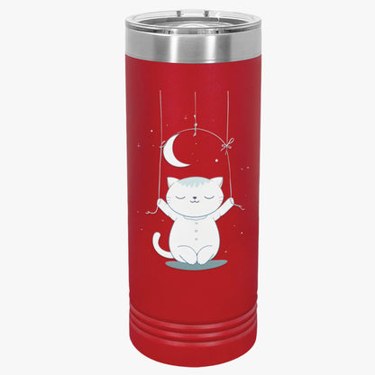 Moonlight Meow Skinny Tumbler, 22oz - Cute Cartoon Cat Hanging from Moon Design Tumbler