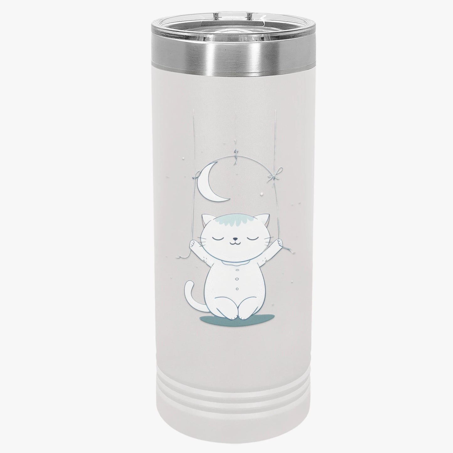 Moonlight Meow Skinny Tumbler, 22oz - Cute Cartoon Cat Hanging from Moon Design Tumbler