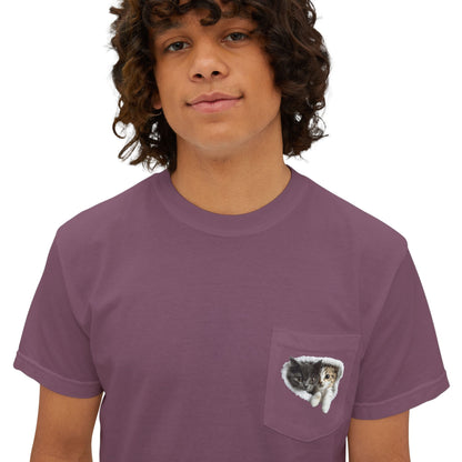 Garment-Dyed Pocket T-Shirt with Adorable Cat Design, Casual Wear, Gift for Cat Lovers, Summer Fashion, Everyday Essentials