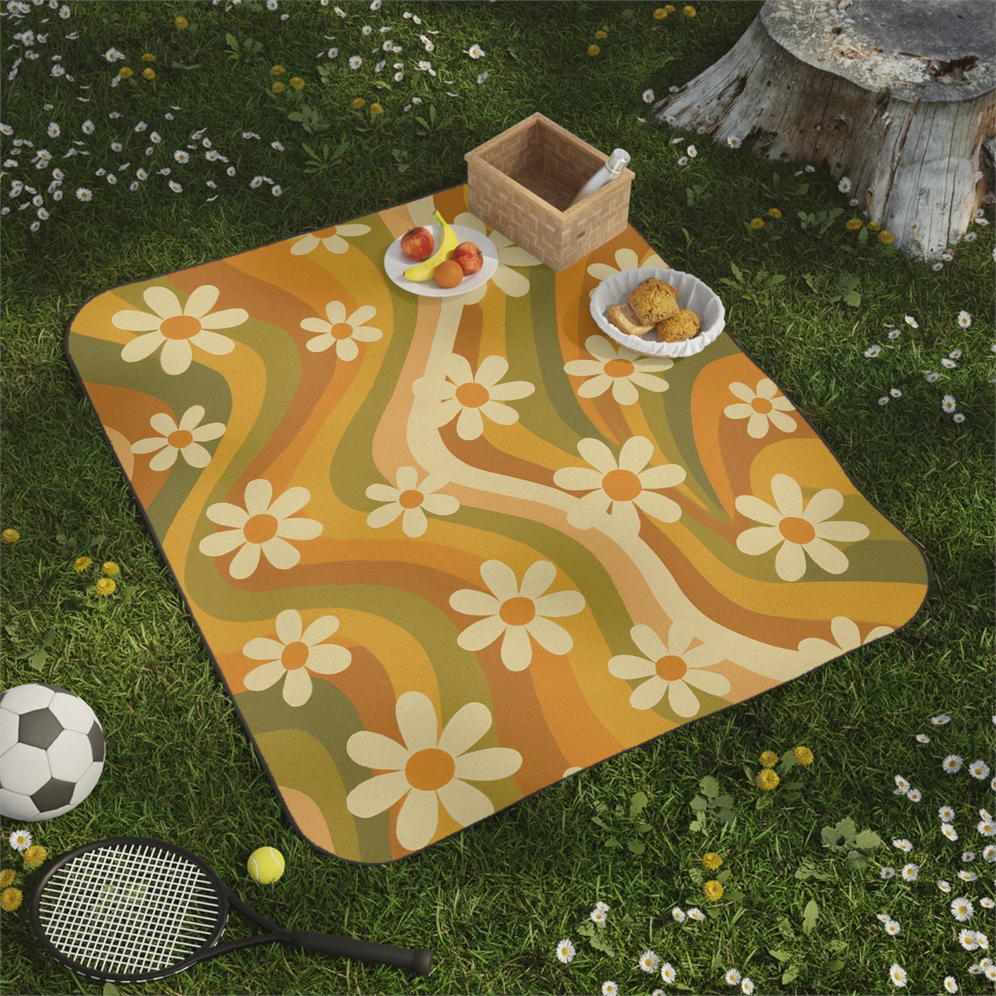 Retro Floral Picnic Blanket - Ideal for Outdoor Gatherings & Celebrations