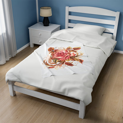 White Velveteen Plush Blanket with beautiful pink rose surrounded by swirling leaves