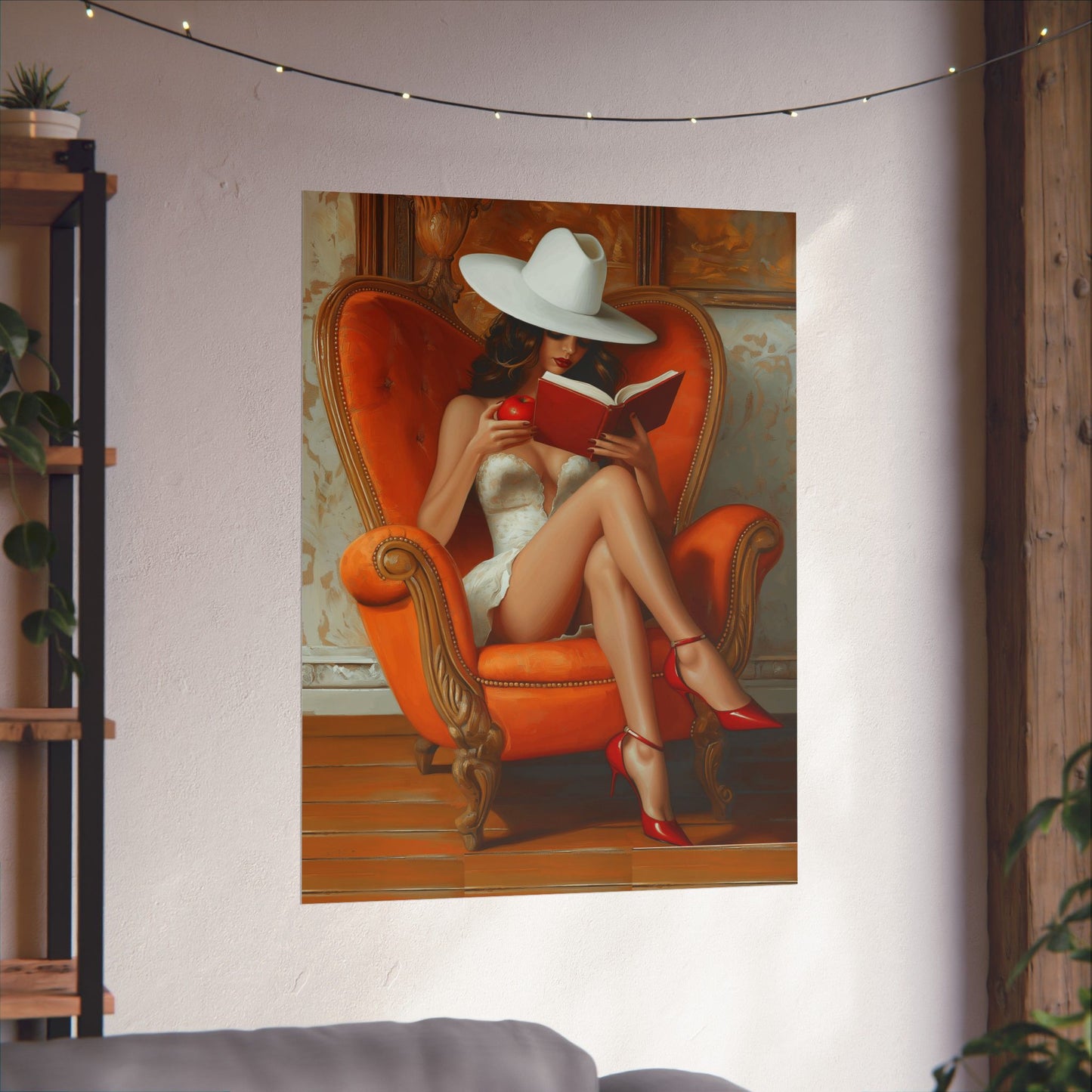 Matte Vertical Poster - Elegant Woman Reading Book and Holding Red Apple on Luxurious Sofa Design Poster