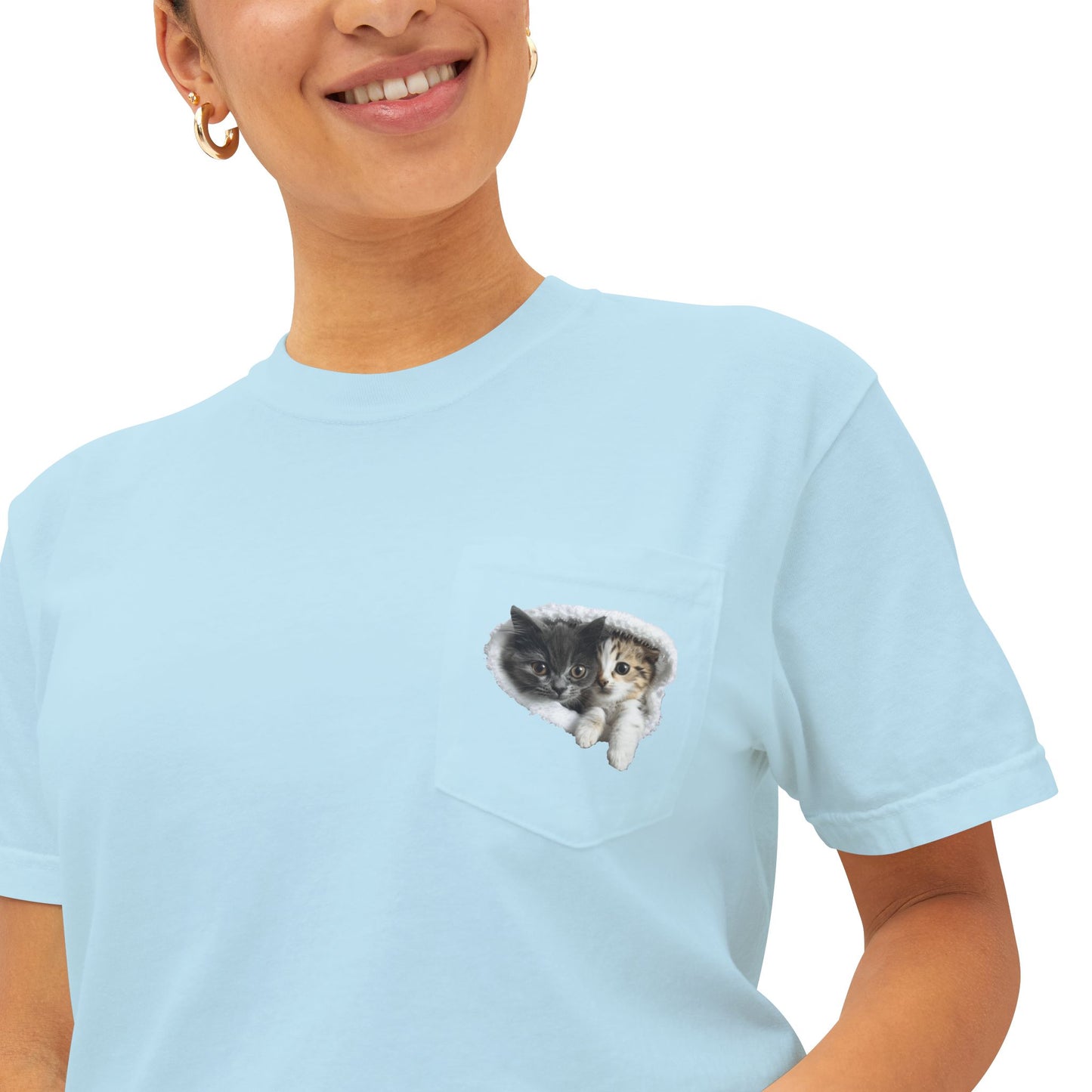 Garment-Dyed Pocket T-Shirt with Adorable Cat Design, Casual Wear, Gift for Cat Lovers, Summer Fashion, Everyday Essentials