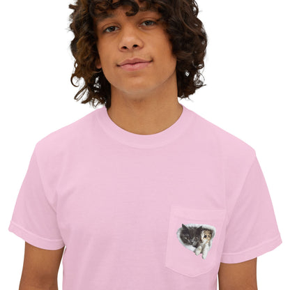 Garment-Dyed Pocket T-Shirt with Adorable Cat Design, Casual Wear, Gift for Cat Lovers, Summer Fashion, Everyday Essentials