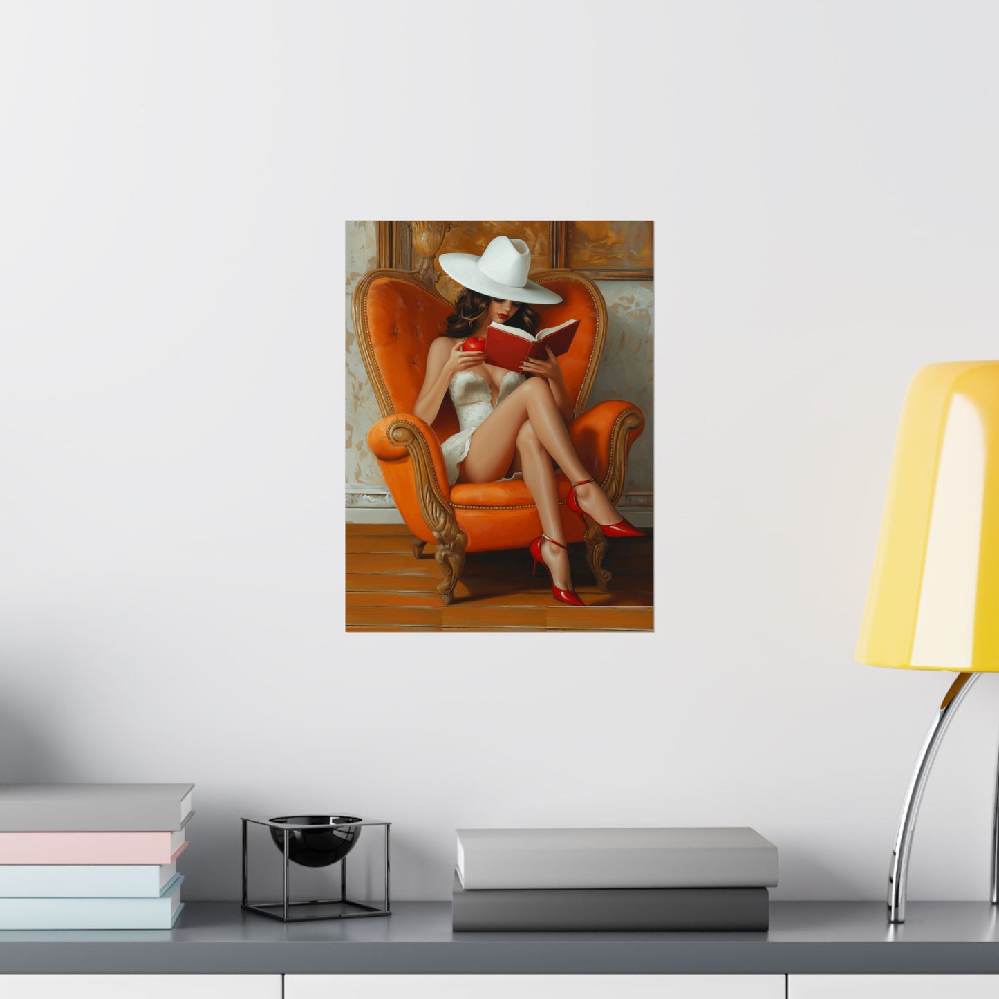 Matte Vertical Poster - Elegant Woman Reading Book and Holding Red Apple on Luxurious Sofa Design Poster