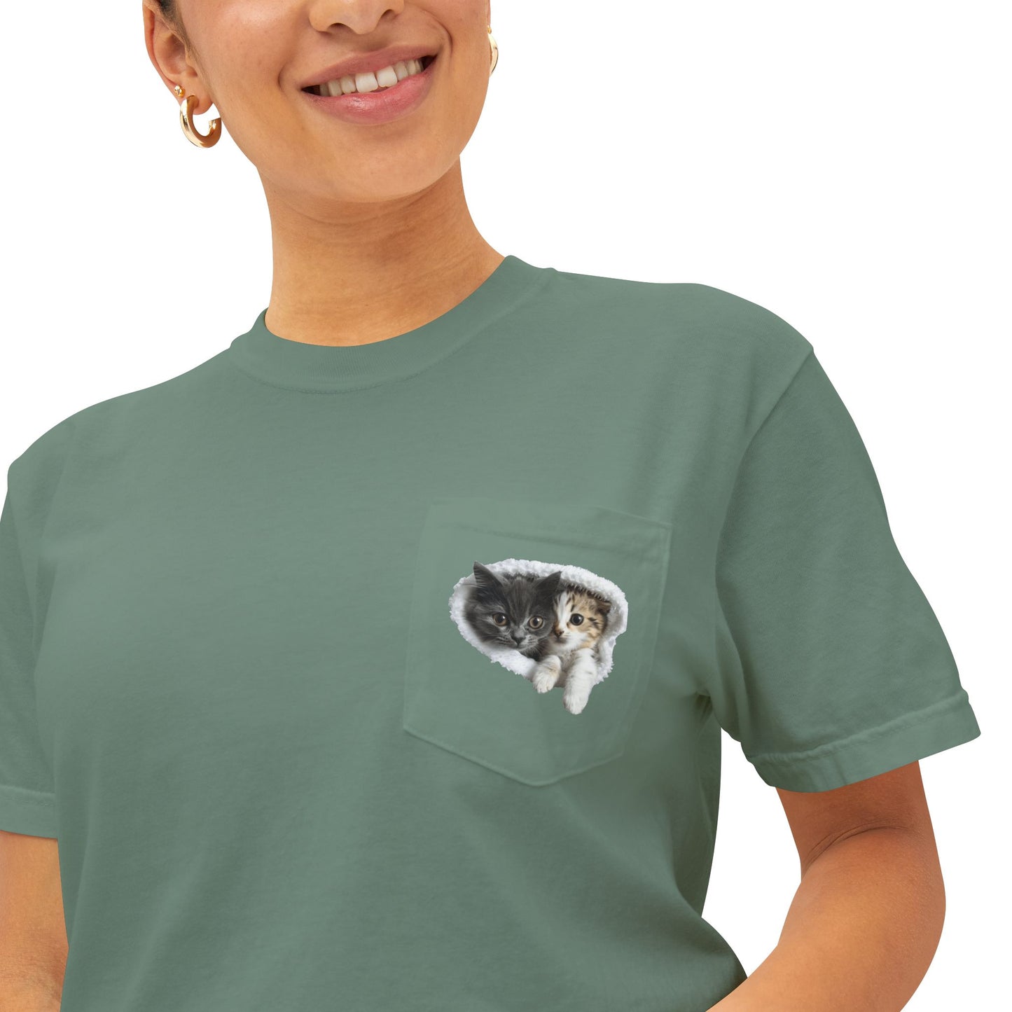 Garment-Dyed Pocket T-Shirt with Adorable Cat Design, Casual Wear, Gift for Cat Lovers, Summer Fashion, Everyday Essentials