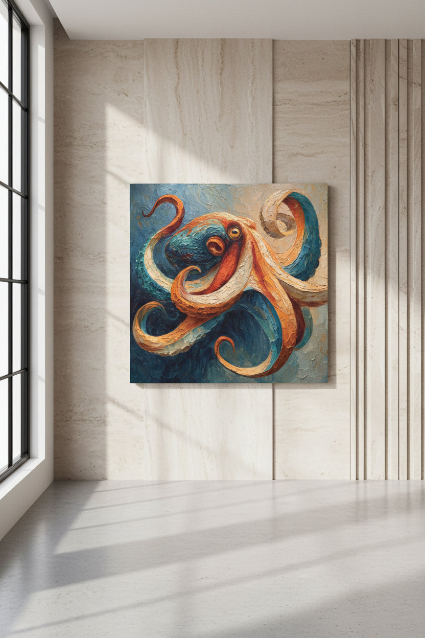 Colorful painting of an octopus with swirling tentacles on a textured background