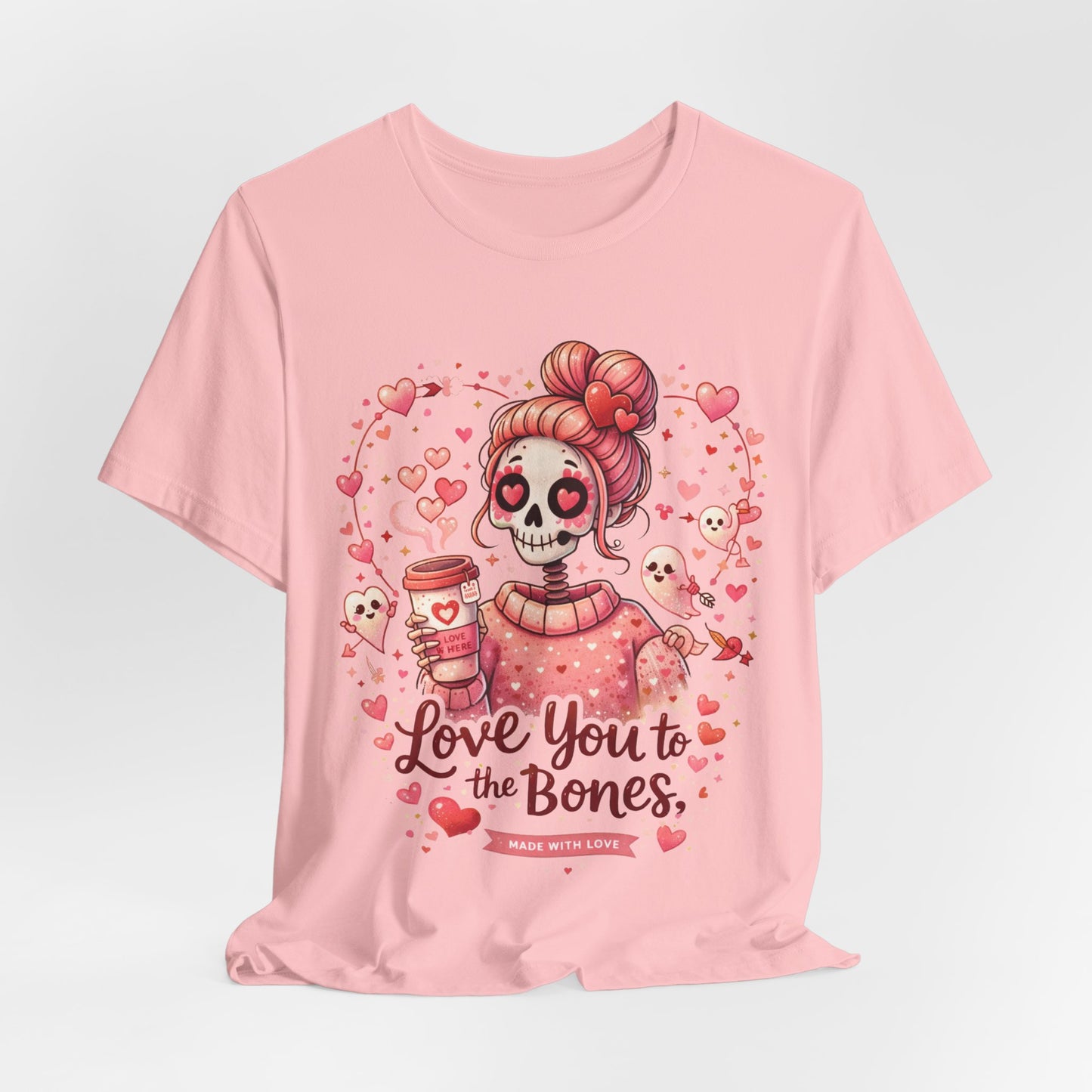 Cute gothic Valentine design for unisex t-shirts showing a pink skull girl, hearts, and cupid ghosts with coffee vibe.