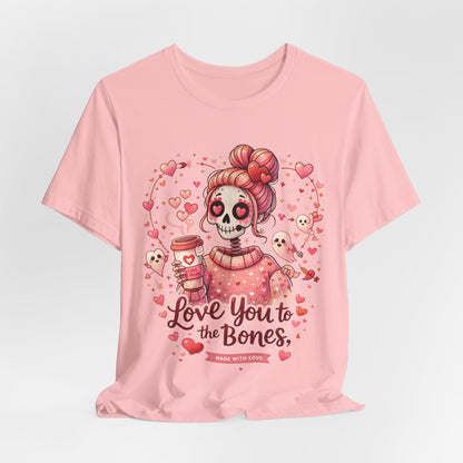 Cute gothic Valentine design for unisex t-shirts showing a pink skull girl, hearts, and cupid ghosts with coffee vibe.