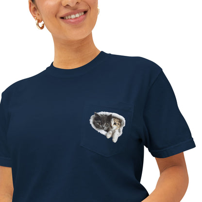 Garment-Dyed Pocket T-Shirt with Adorable Cat Design, Casual Wear, Gift for Cat Lovers, Summer Fashion, Everyday Essentials
