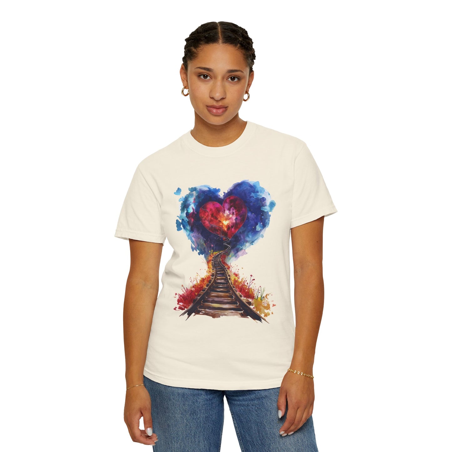 Unisex Garment-Dyed T-shirt - Journey of Heart - Train Tracks Coming out from Heart