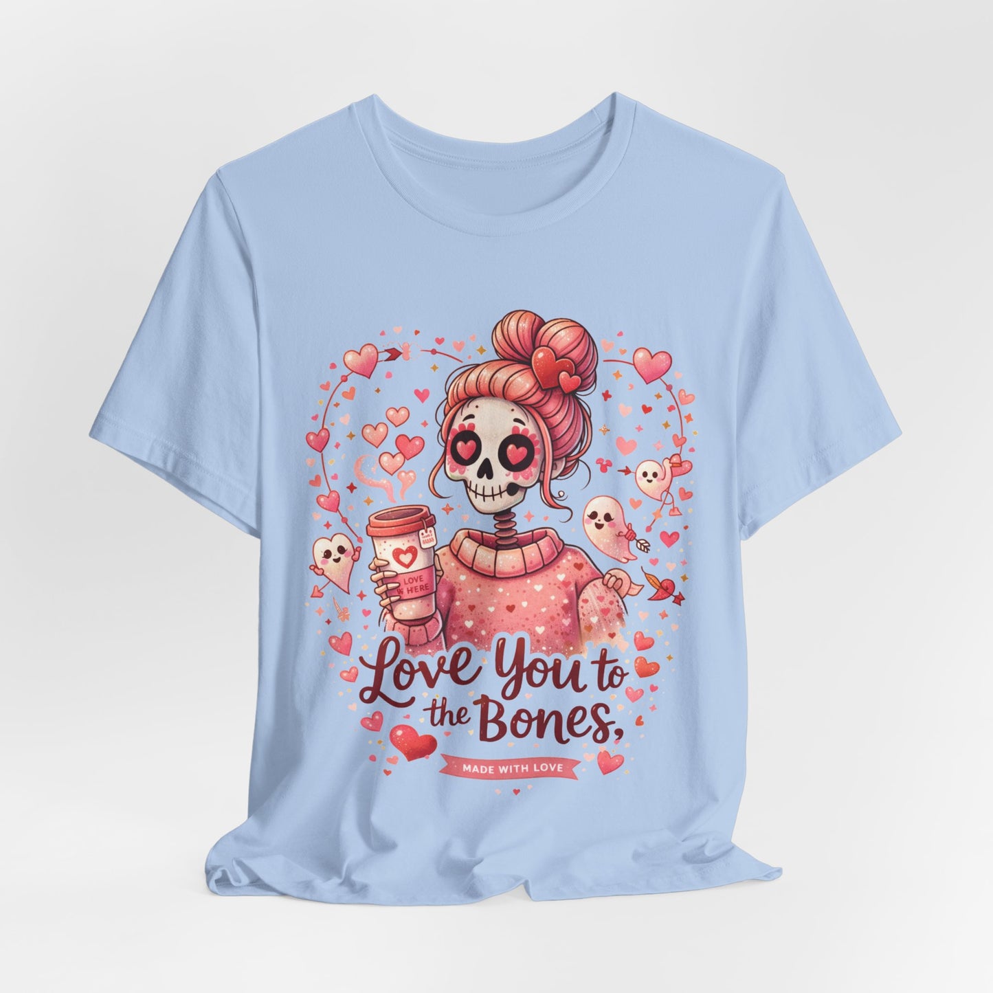 Cute skeleton Valentine graphic for apparel featuring a pink skull girl with heart eyes, coffee aesthetic, and ‘Love you to the bones’ text.