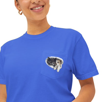 Garment-Dyed Pocket T-Shirt with Adorable Cat Design, Casual Wear, Gift for Cat Lovers, Summer Fashion, Everyday Essentials