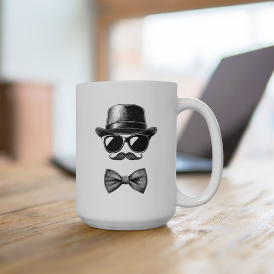 Gentleman Ceramic Mug, (11oz, 15oz) - Ceramic Mug with Black Vector Design - Sunglasses, Mustache & Bow Tie