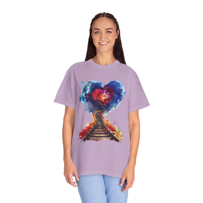 Unisex Garment-Dyed T-shirt - Journey of Heart - Train Tracks Coming out from Heart
