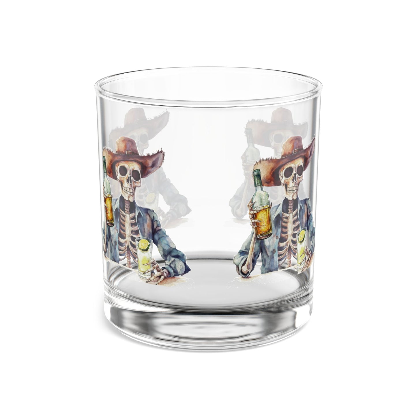 Clear glass tumbler with skeleton design holding a bottle
