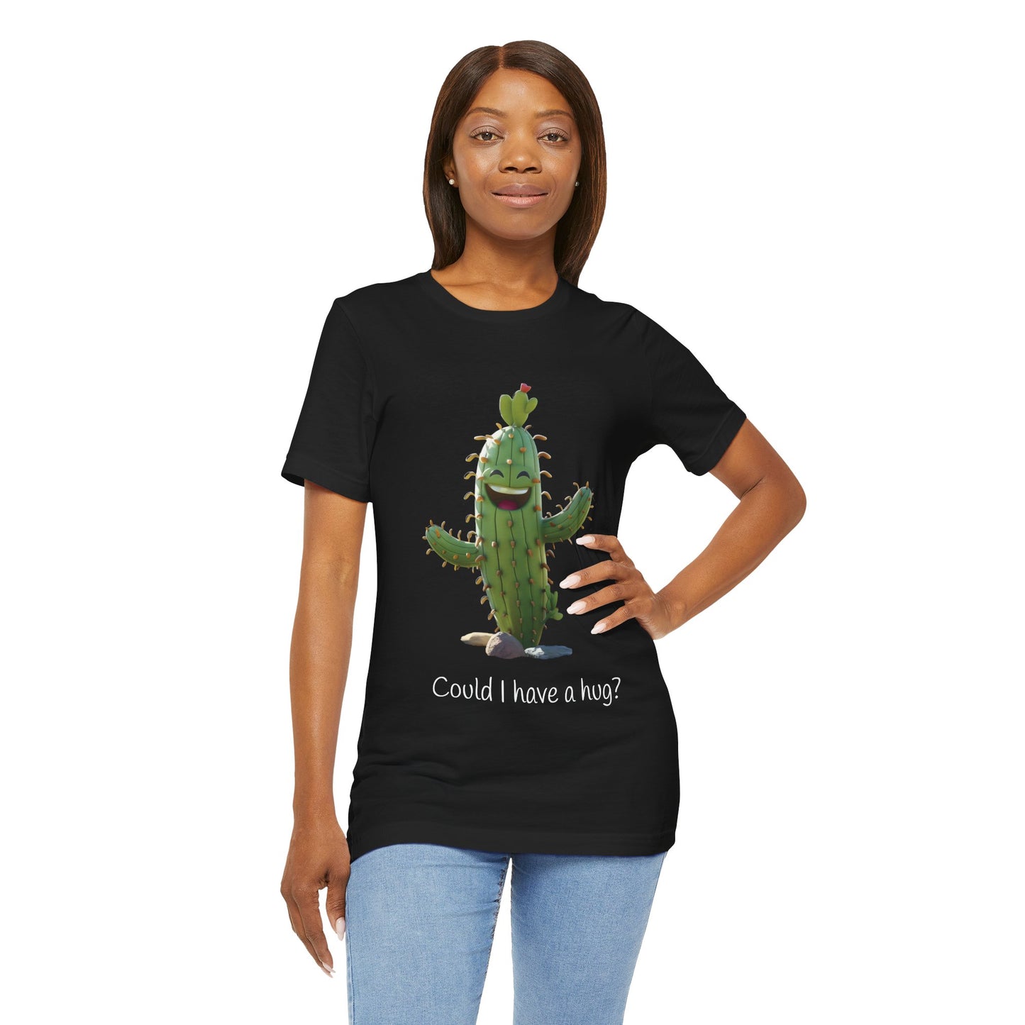 Dark Smiling Cactus Plant T-shirt -  'Could I Have a Hug?' - Lightweight Fabric Tee