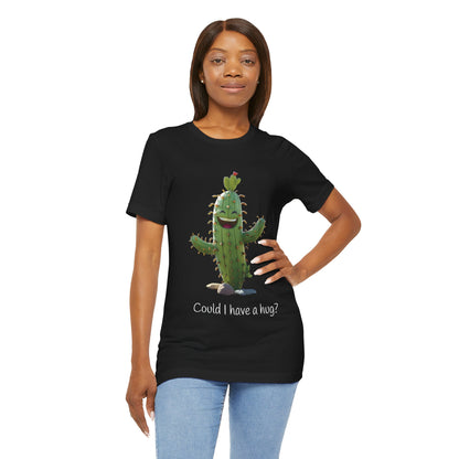 Dark Smiling Cactus Plant T-shirt -  'Could I Have a Hug?' - Lightweight Fabric Tee