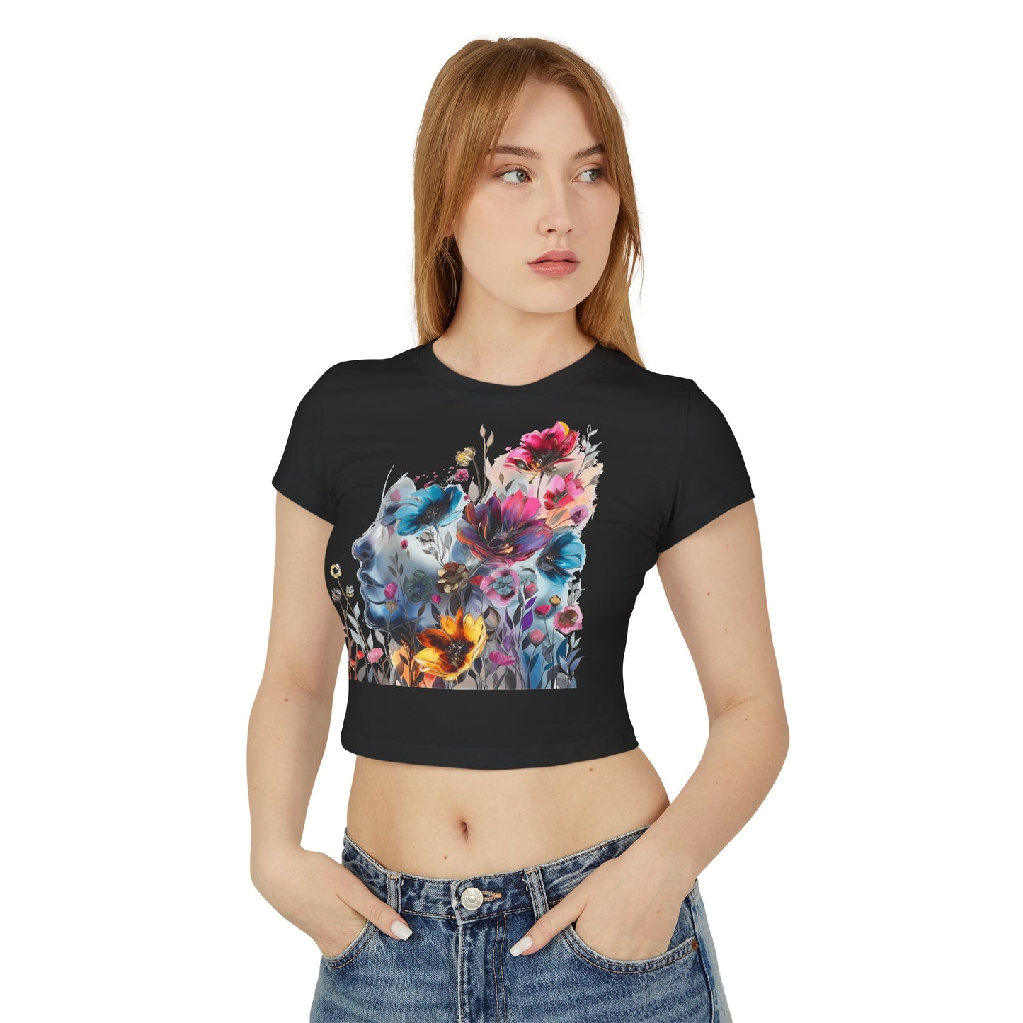 Floral Dreamscape Women Baby Tee - Artistic Short-Sleeve Top for Nature Lovers