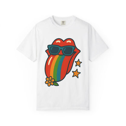 Colorful Retro T-Shirt with Rainbow Tongue Design, Vintage Rock Tee, Unisex Graphic Top, Music Lover Gift, Festival Wear