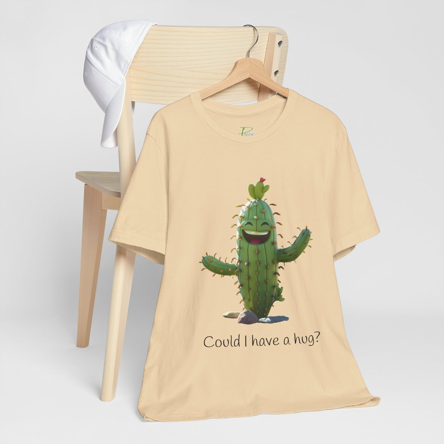 Light Colorful Smiling Cactus Plant T-shirt -  'Could I Have a Hug?' - Lightweight Fabric Tee