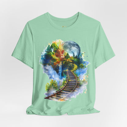 Unisex T-Shirt with 3D Watercolor Train Tracks and Enchanted Forest Design - Lightweight Fabric Tee