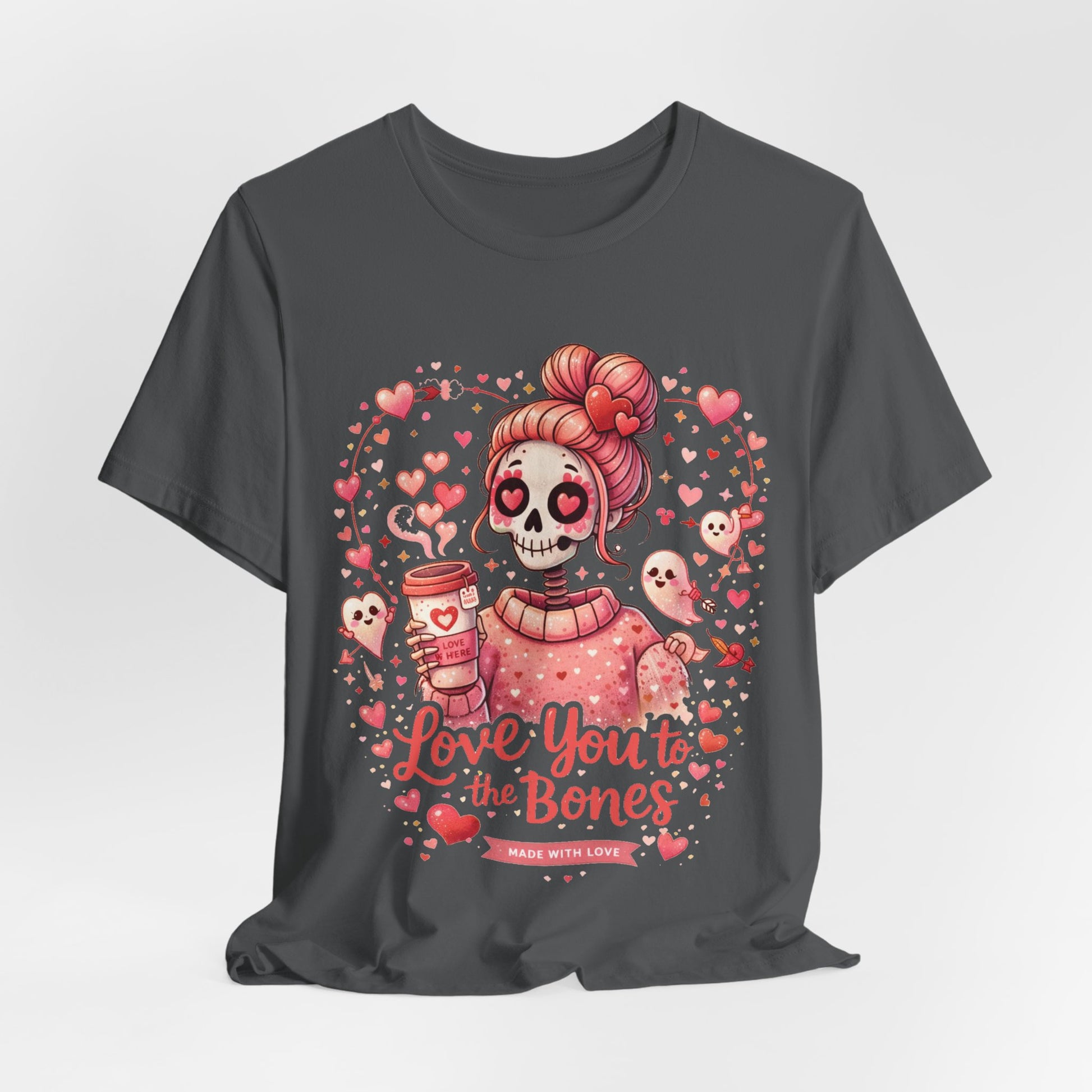 Pink goth Valentine illustration featuring a skull girl, hearts, coffee aesthetic, and playful cupid ghost accents.
