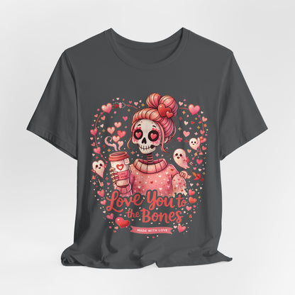 Pink goth Valentine illustration featuring a skull girl, hearts, coffee aesthetic, and playful cupid ghost accents.