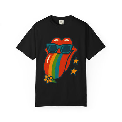 Colorful Retro T-Shirt with Rainbow Tongue Design, Vintage Rock Tee, Unisex Graphic Top, Music Lover Gift, Festival Wear