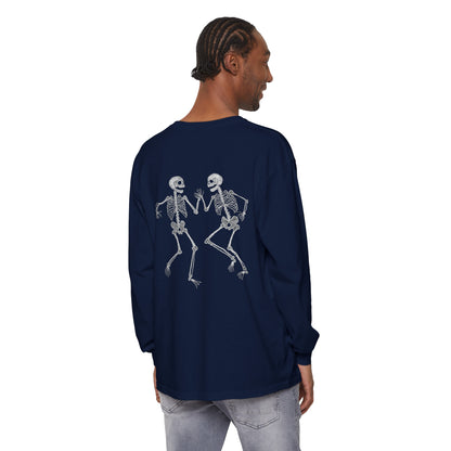 Halloween Tee - Unisex Garment-dyed Long Sleeve T-Shirt with Dancing skeletons