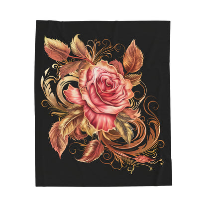 Black Velveteen Plush Blanket with beautiful pink rose surrounded by swirling leaves