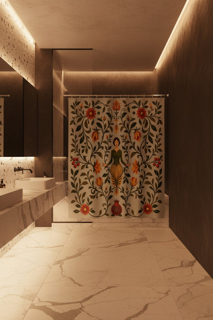 A fabric shower curtain featuring a vintage botanical illustration with a central female figure, surrounded by red flowers, green leaves, and vines on a pale sage background. The curtain is shown hanging from silver rings on a white rod, with small silver feet visible at the bottom.