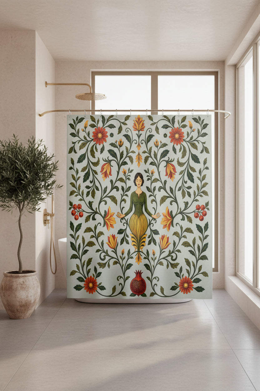 A fabric shower curtain featuring a vintage botanical illustration with a central female figure, surrounded by red flowers, green leaves, and vines on a pale sage background. The curtain is shown hanging from silver rings on a white rod, with small silver feet visible at the bottom.