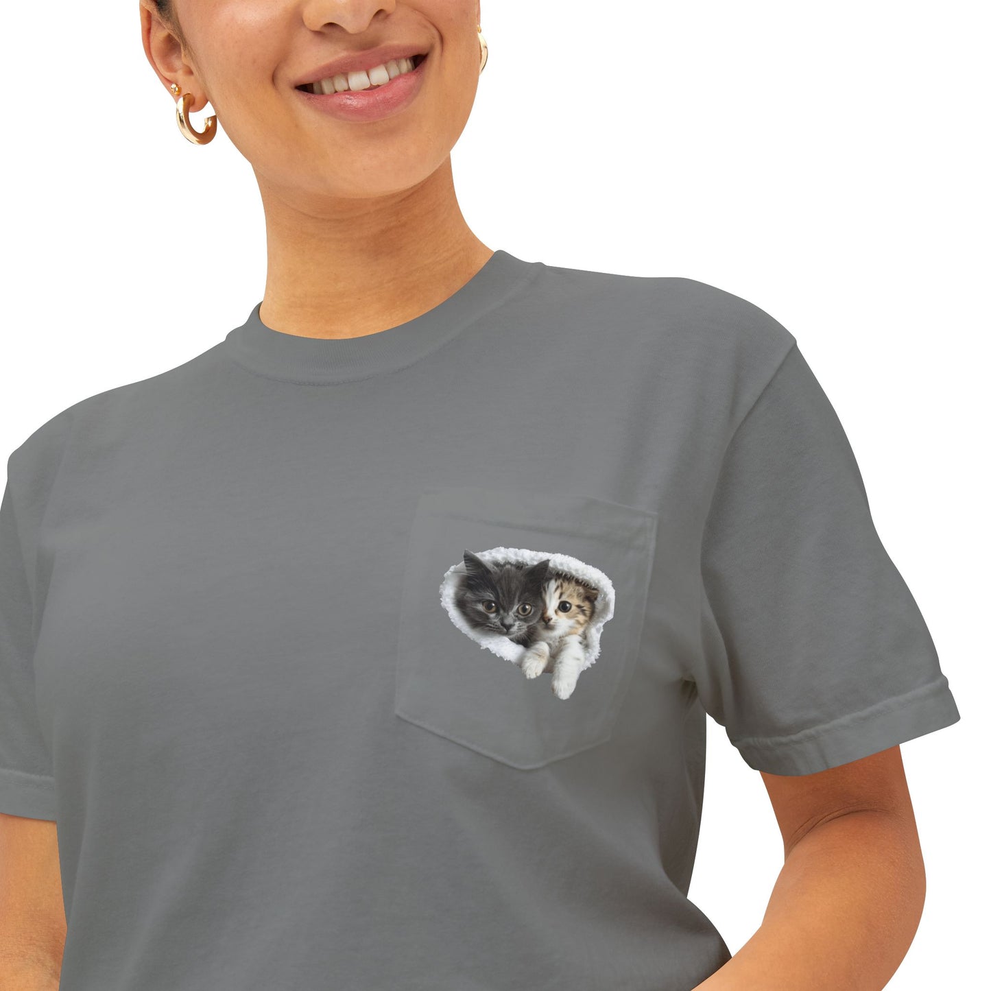 Garment-Dyed Pocket T-Shirt with Adorable Cat Design, Casual Wear, Gift for Cat Lovers, Summer Fashion, Everyday Essentials