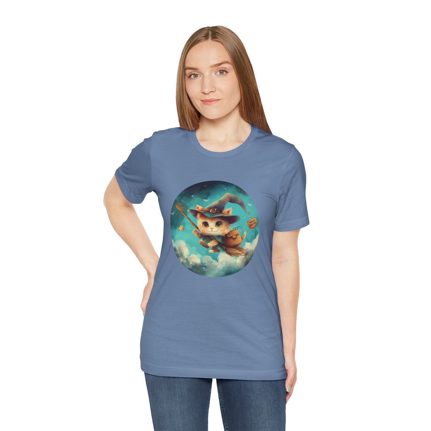 Charming Cat on Witch - Magician Stick T-shirt - Lightweight Fabric Tee
