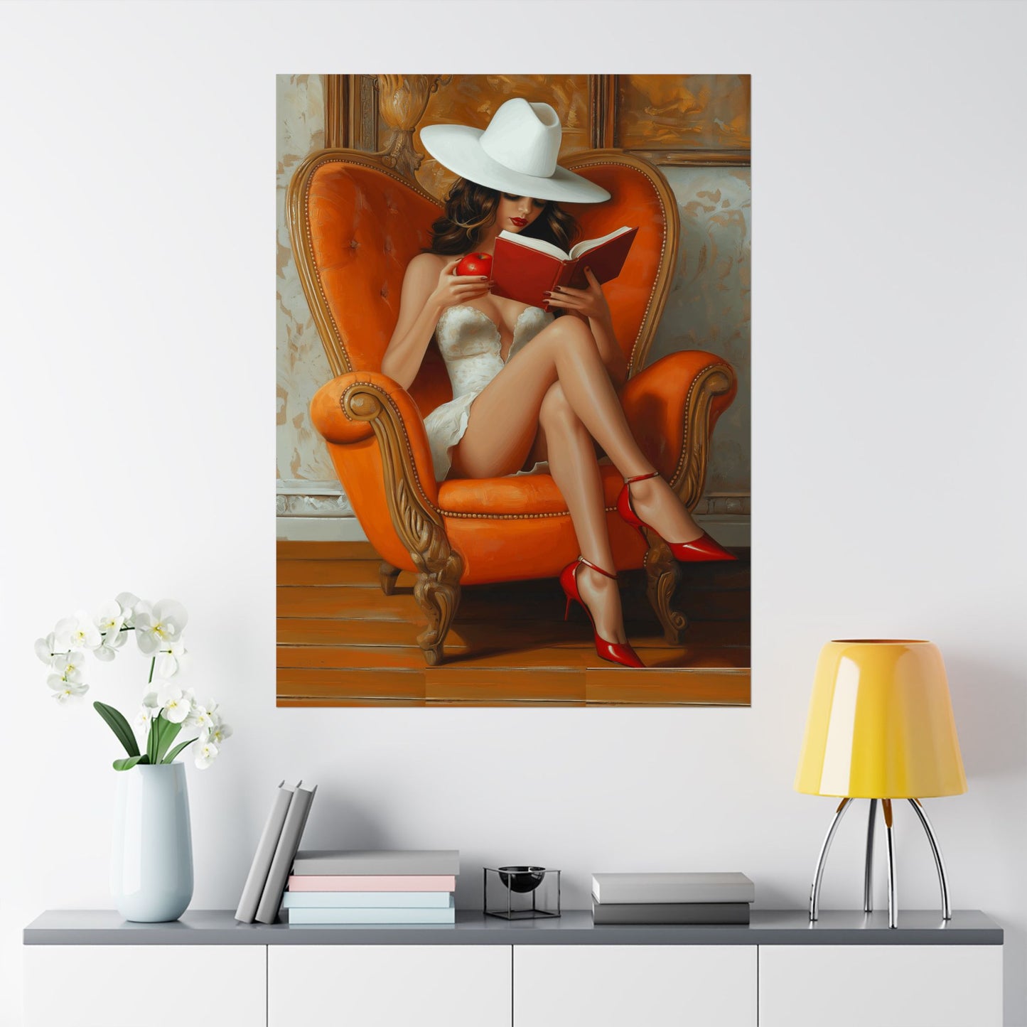Matte Vertical Poster - Elegant Woman Reading Book and Holding Red Apple on Luxurious Sofa Design Poster