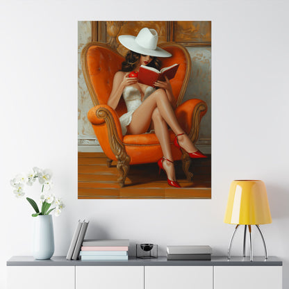 Matte Vertical Poster - Elegant Woman Reading Book and Holding Red Apple on Luxurious Sofa Design Poster