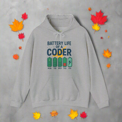 Gray hoodie with 'Battery Life of a Coder' graphic on a white background