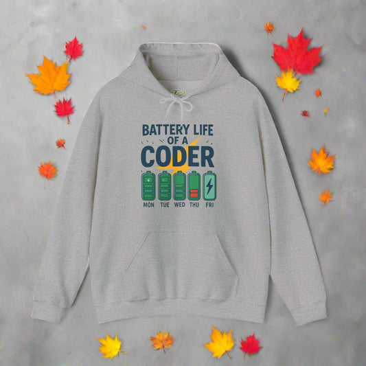 Gray hoodie with 'Battery Life of a Coder' graphic on a white background