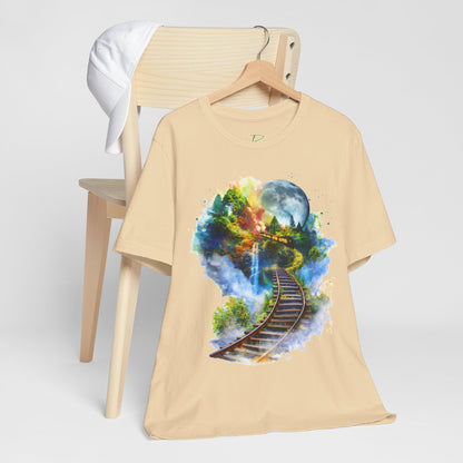 Unisex T-Shirt with 3D Watercolor Train Tracks and Enchanted Forest Design - Lightweight Fabric Tee