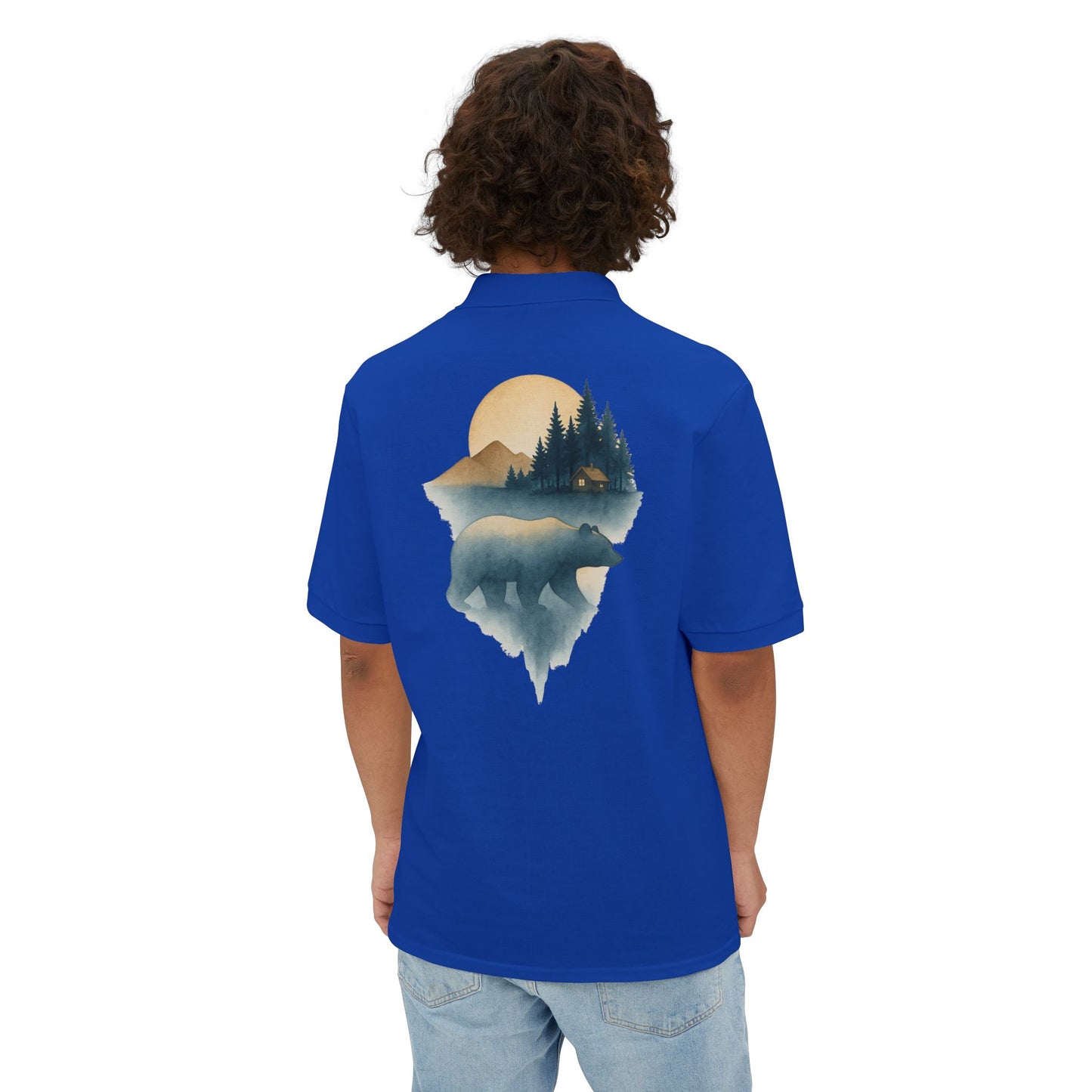 Men's Polo with Bear & Landscape Design - Casual Outdoor Shirt