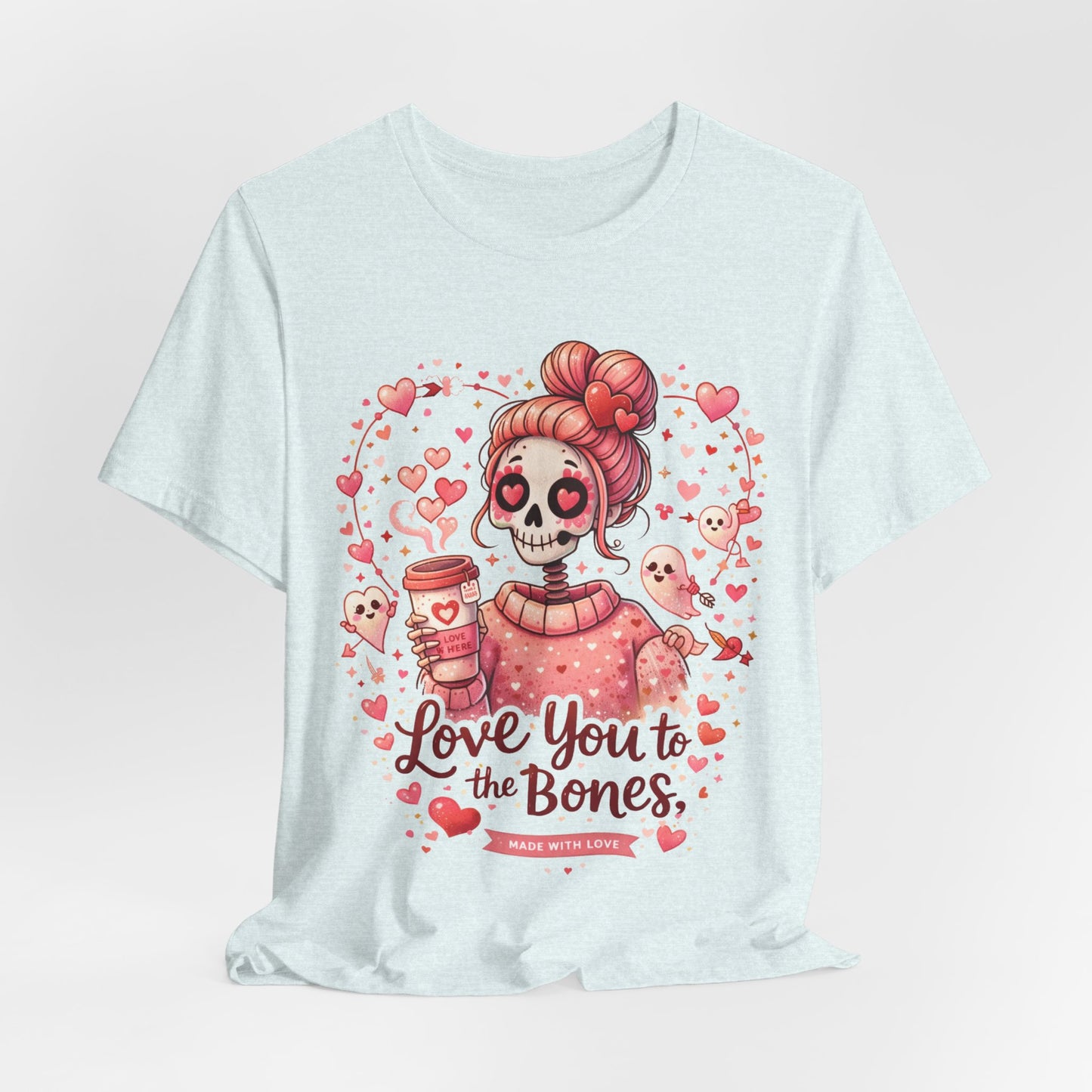 Goth romance Valentine artwork: pastel pink skull girl, hearts, coffee vibes, and playful cupid ghosts framing the ‘Love you to the bones’ lettering.