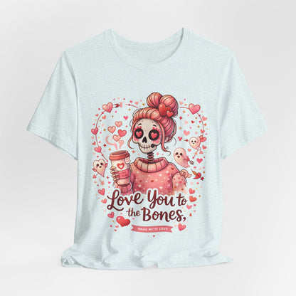 Goth romance Valentine artwork: pastel pink skull girl, hearts, coffee vibes, and playful cupid ghosts framing the ‘Love you to the bones’ lettering.