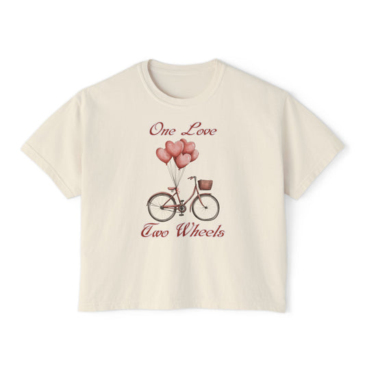 Vintage Bike Boxy Tee - Valentine's Day Women's Boxy Tee with Heart Balloons Graphic