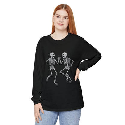 Halloween Tee - Unisex Garment-dyed Long Sleeve T-Shirt with Dancing skeletons