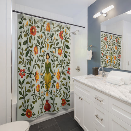 A floral shower curtain with a vintage botanical pattern and a central female figure, hanging in a modern white and blue-gray bathroom next to a marble vanity.