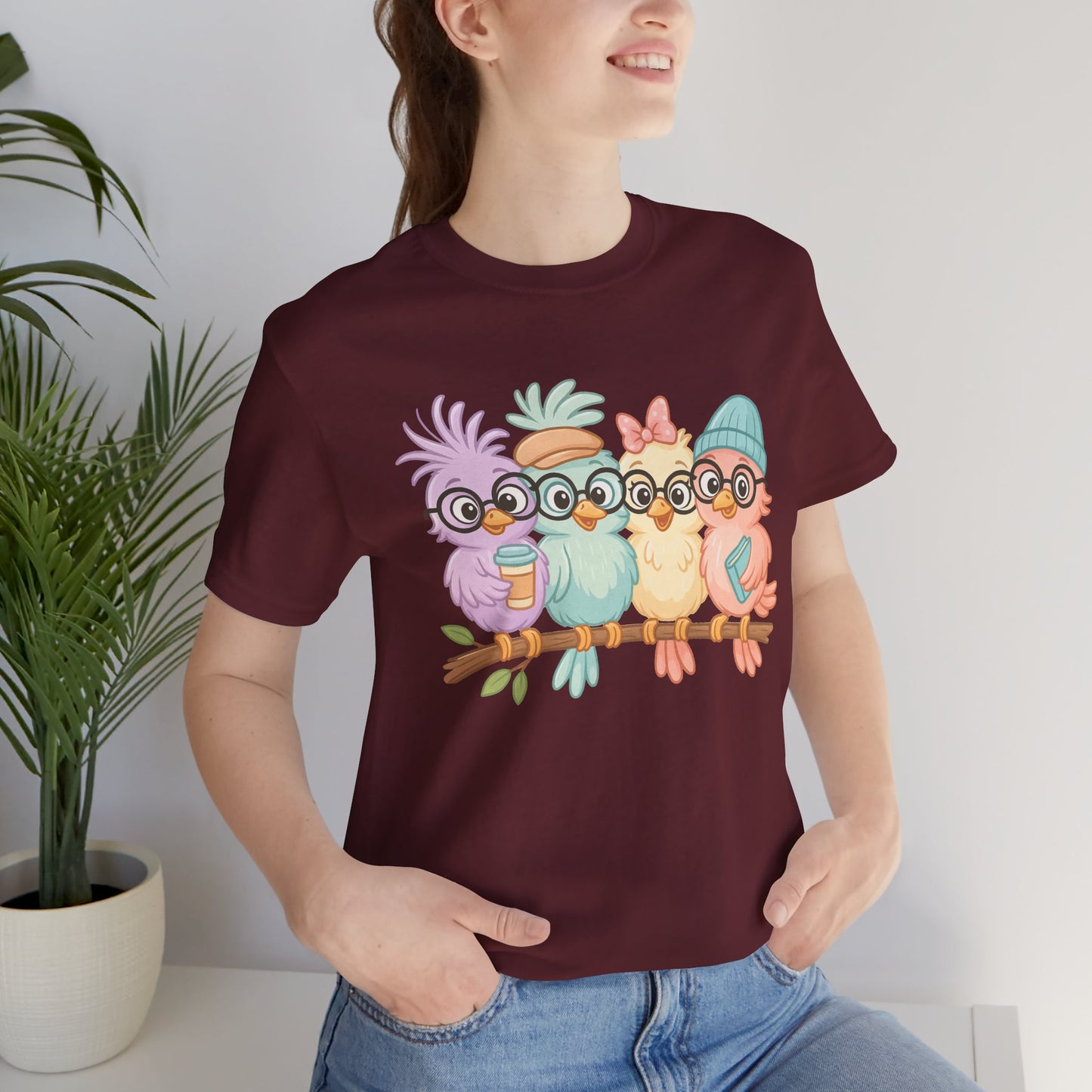 Cute Bird Friends Short Sleeve T-shirt - Perfect Gift for Animal Lovers - Lightweight Fabric Tee