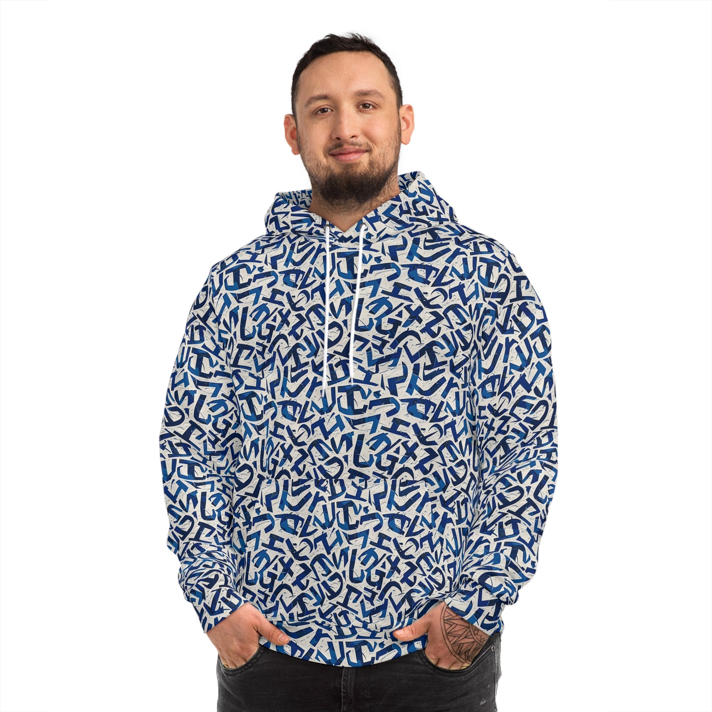 Fashion Hoodie for Men and Women - Blue Iconography-Style Lettering Design Hoodie
