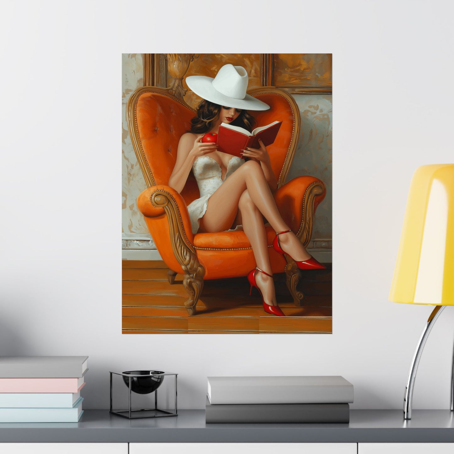 Matte Vertical Poster - Elegant Woman Reading Book and Holding Red Apple on Luxurious Sofa Design Poster